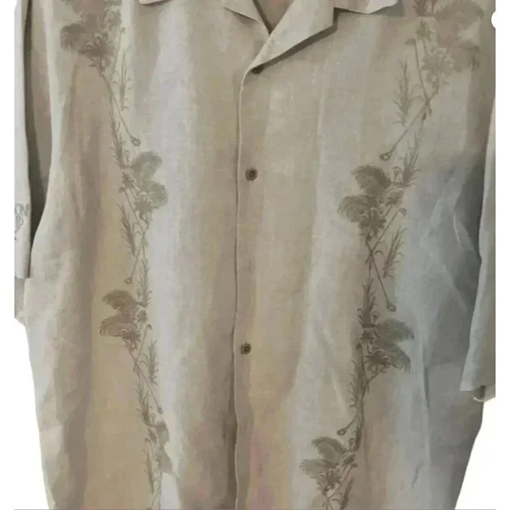 Tommy Bahama Beige 100% linen Button-Up Shirt With Embroidered Palm Design Mediu